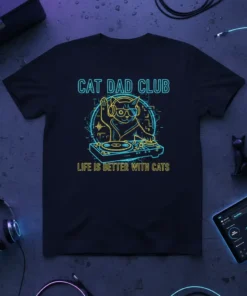 Cat Dad Club Life Is Better With Cats T-Shirt featuring a neon-style DJ cat graphic