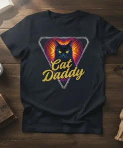 Black cat wearing heart graphic with "Cat Daddy" text, on a navy t-shirt