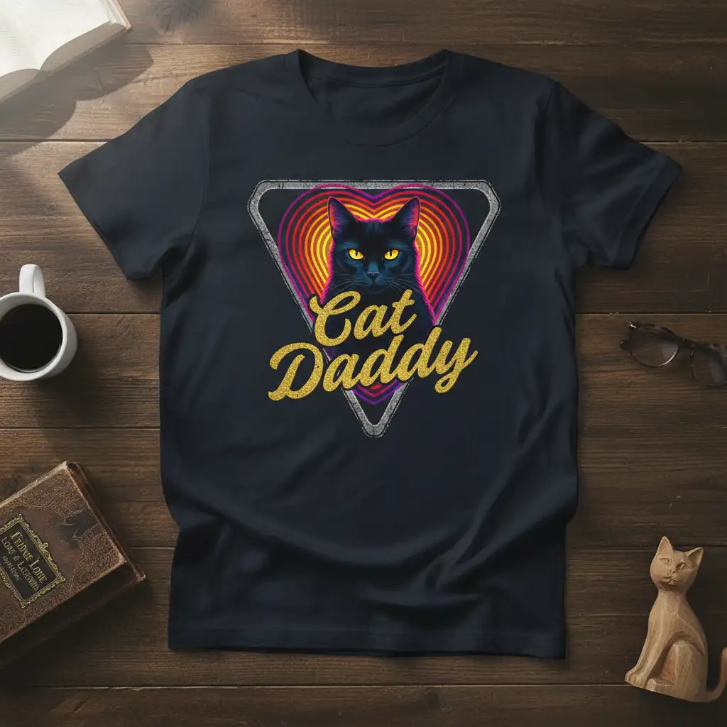 Cat Daddy text with black cat graphic inside a retro heart and triangle design