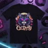 Cat Daddy t-shirt featuring a cool cat wearing sunglasses reflecting a cityscape, with retro disco and vinyl elements