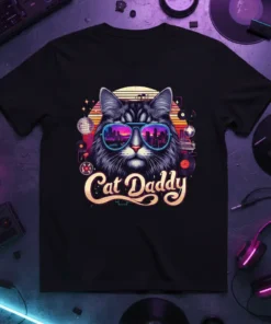 Cat Daddy t-shirt featuring a cool cat wearing sunglasses reflecting a cityscape, with retro disco and vinyl elements