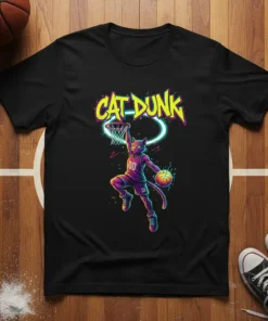 Black t-shirt with "CAT DUNK" text above a neon-outlined basketball hoop, featuring a cat in basketball attire mid-dunk holding a