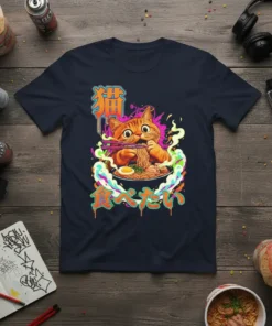 Cat Eating Ramen Japanese Quote detailed graphic design printed on comfortable cotton t-shirt