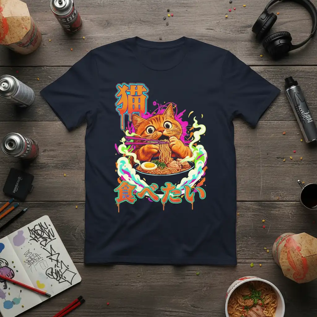 Cat Eating Ramen Japanese Quote detailed print printed on quality cotton blend creating a standout t-shirt