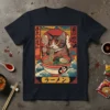 Cat Eating Ramen bold graphic design printed on comfortable cotton t-shirt
