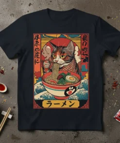 Cat Eating Ramen bold graphic design printed on comfortable cotton t-shirt