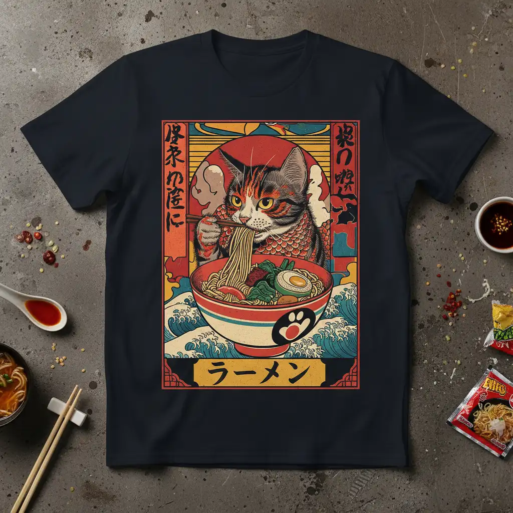 Cat Eating Ramen stylish graphic printed on quality cotton blend creating a standout t-shirt