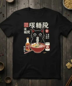 Cat Eating Ramen Japanese Style T-Shirt creative graphic design printed on comfortable cotton t-shirt