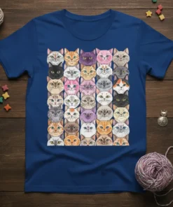 Cat Faces Grid T-Shirt featuring a colorful collage of various cat faces in a uniform pattern
