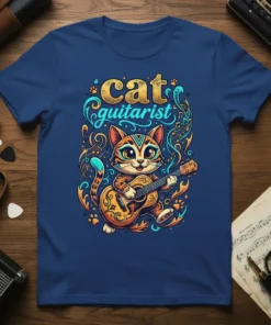 Cat playing guitar with musical notes and vibrant patterns, featuring the text "cat guitarist" on a blue t-shirt