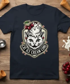 Cat Ice Cream Cone design featuring a white cat wearing an ice cream cone hat with cherries, text below