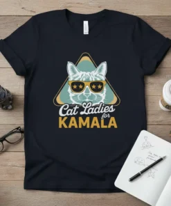 Cat Ladies for KAMALA t-shirt with a cat wearing sunglasses and stars, text reads "Cat Ladies for KAMALA"