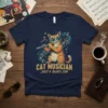 Cat Musician Jazz & Blues Jam t-shirt design featuring a cat playing the flute surrounded by musical notes