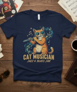 Cat Musician Jazz & Blues Jam t-shirt design featuring a cat playing the flute surrounded by musical notes