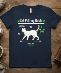 Funny Cat Petting Guide t-shirt design with a diagram of a cat and text indicating petting zones