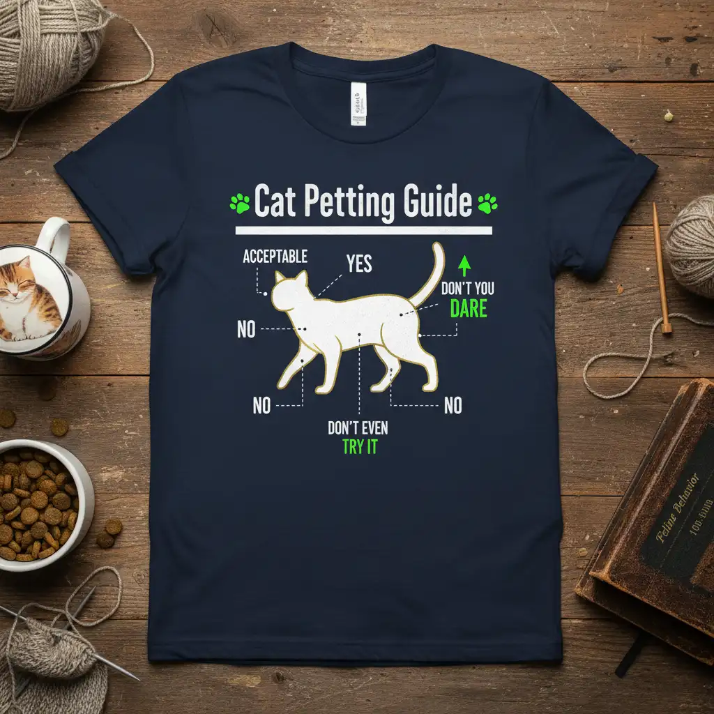 Humorous Cat Petting Guide diagram with text labels for feline interaction zones on a t-shirt