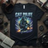 Cat Pilot T-Shirt design showing a cat in a pilot suit flying a spaceship through clouds and planets