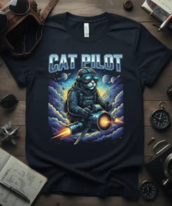Cat Pilot T-Shirt design showing a cat in a pilot suit flying a spaceship through clouds and planets