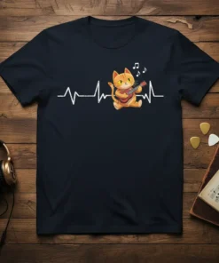 Cat playing guitar graphic with musical notes and heartbeat line on a navy blue t-shirt