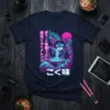 Neon cyberpunk cat eating ramen t-shirt design featuring Japanese text "ばり・こ特製ラーメン!! 来天 ごく味" and circuit board patterns