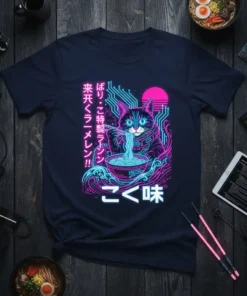 Neon cyberpunk cat eating ramen t-shirt design featuring Japanese text "ばり・こ特製ラーメン!! 来天 ごく味" and circuit board patterns