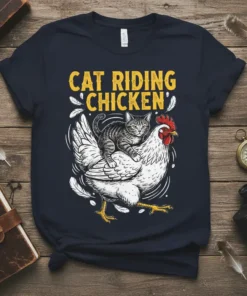 Cat riding a chicken with the text "Cat Riding Chicken" above, graphic t-shirt design