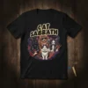 Cat Sabbath heavy metal band design featuring four cats playing instruments and a microphone on a black t-shirt