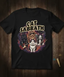 Cat Sabbath heavy metal band design featuring four cats playing instruments and a microphone on a black t-shirt