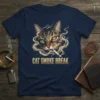 Cat Smoke Break t-shirt design featuring a tabby cat with heterochromia smoking a cigarette surrounded by smoke