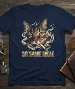 Cat Smoke Break t-shirt design featuring a tabby cat with heterochromia smoking a cigarette surrounded by smoke