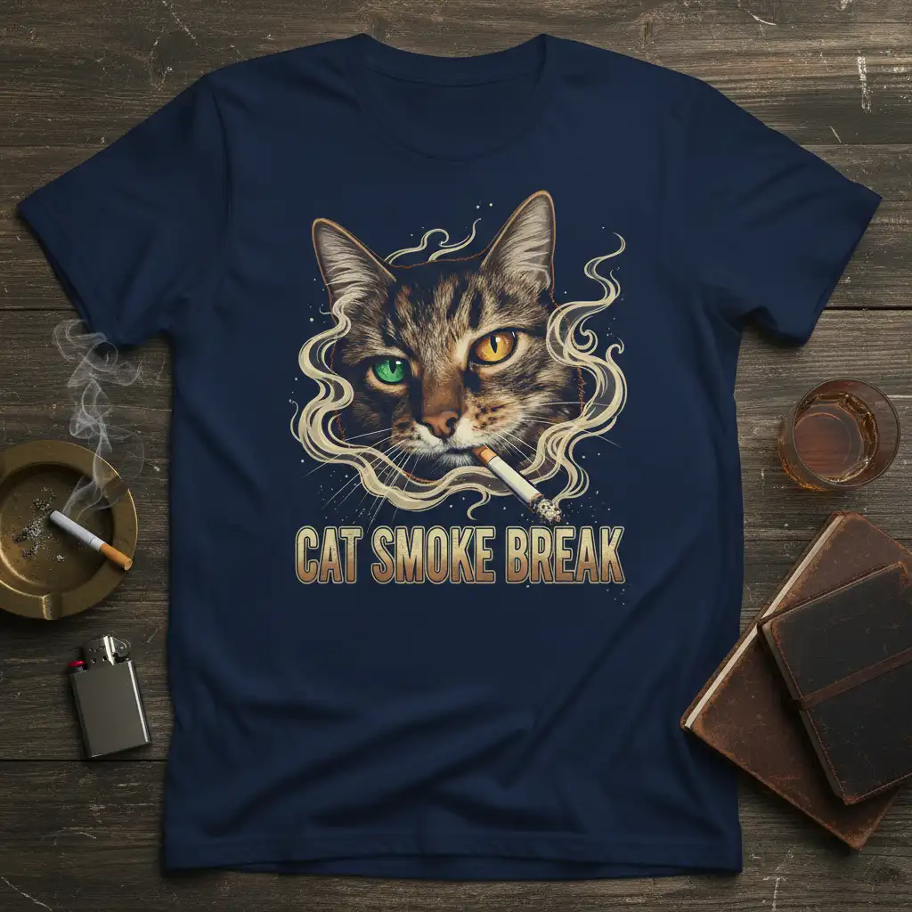 Tabby cat with mismatched eyes smoking a cigarette, text reads CAT SMOKE BREAK, cool graphic tee design