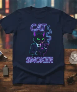 Neon CAT SMOKER text design featuring a black cat in a pinstripe suit smoking