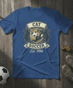 Cat Soccer Est. 1986 t-shirt design featuring a black cat playing soccer within a shield emblem