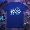 Blue t-shirt with "CAT SQUAD" text and geometric cat graphics in bright blue lines