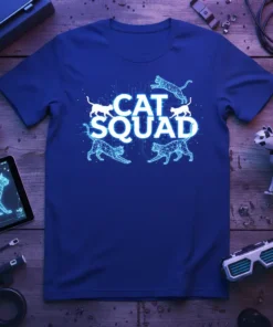 Blue t-shirt with "CAT SQUAD" text and geometric cat graphics in bright blue lines