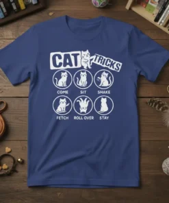 CAT TRICKS COME SIT text design featuring bold typography on quality t-shirt