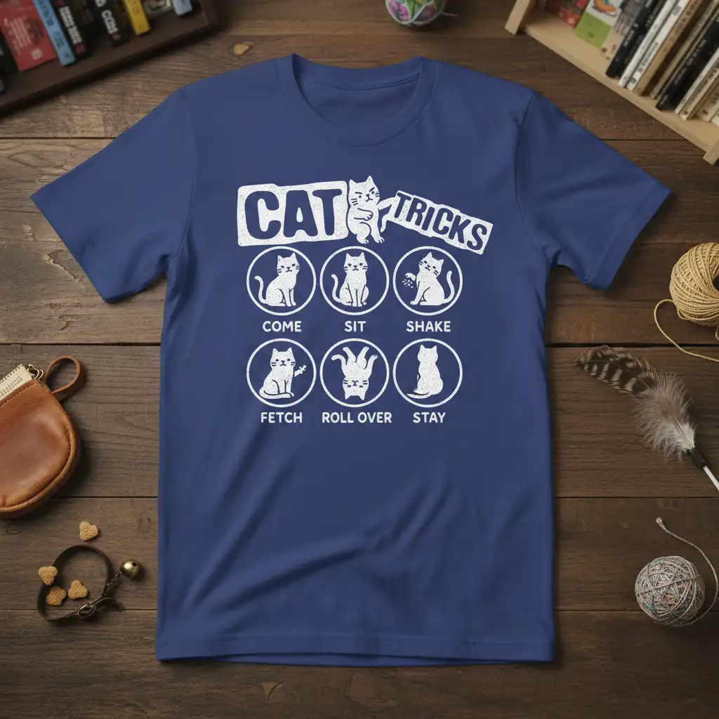 Humorous CAT TRICKS COME SIT SHAKE FETCH ROLL OVER STAY t-shirt design with illustrated cats and commands