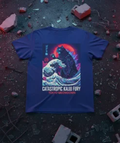 Catastrophic Kaiju Fury Tokyo Meowdown t-shirt design featuring a Godzilla-like cat monster on a wave, with Japanese text and a