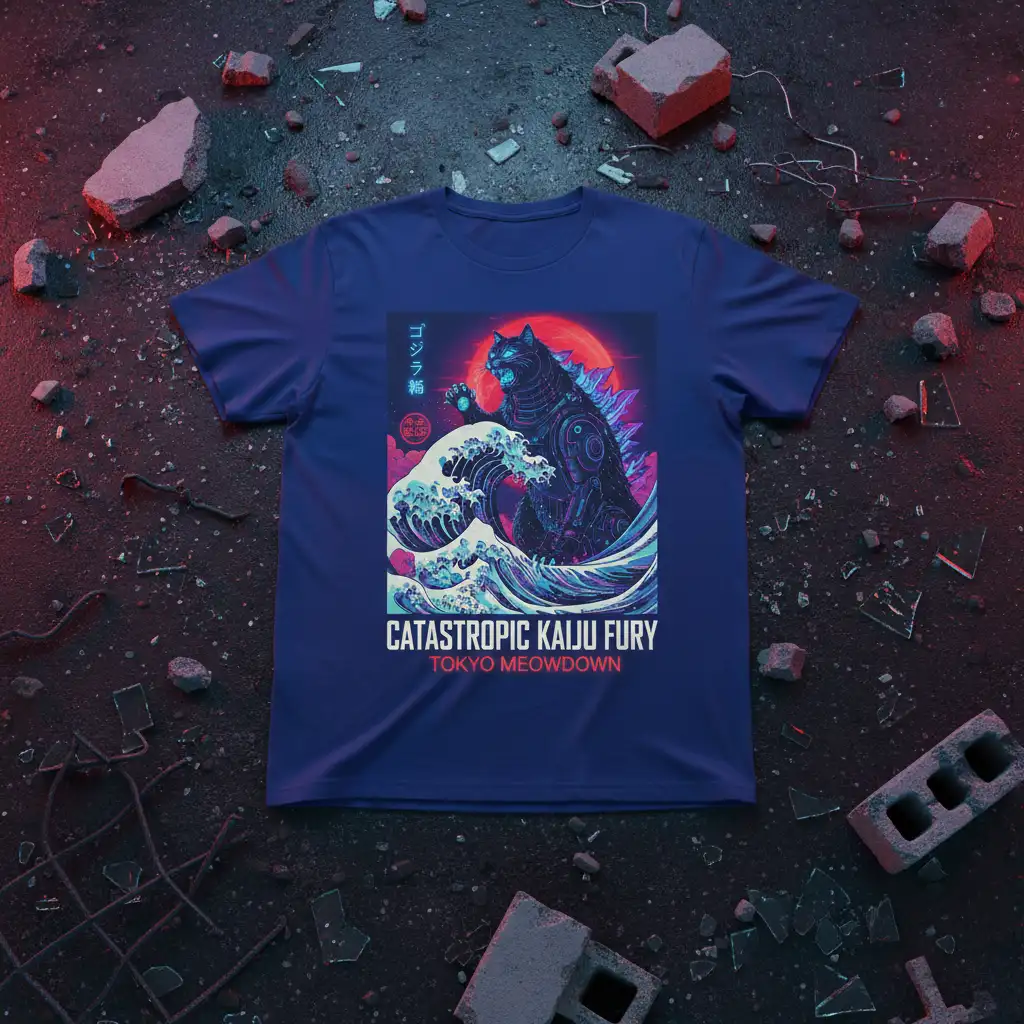 Catastrophic Kaiju Fury Tokyo Meowdown graphic t-shirt featuring a cat-kaiju monster battling waves, inspired by Japanese art
