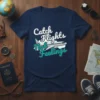 Catch Flights Not Feelings quote with airplane graphic on navy blue t-shirt, designed for travelers