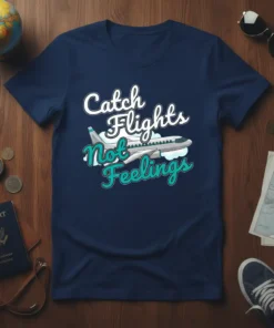 Catch Flights Not Feelings quote with airplane graphic on navy blue t-shirt, designed for travelers