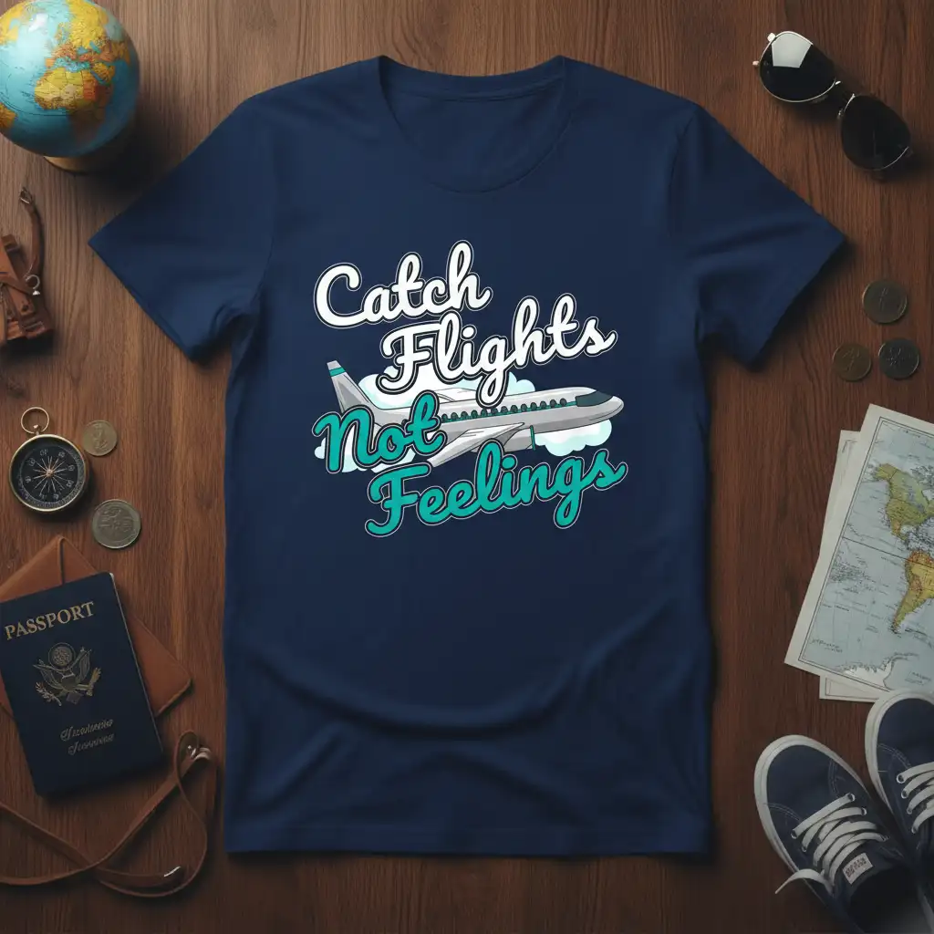 Catch Flights Not Feelings quote with airplane graphic on navy blue t-shirt, perfect for travel lovers