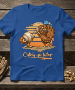 Catch Ya Later baseball t-shirt with cartoon baseball and glove characters waving goodbye, orange sunset background