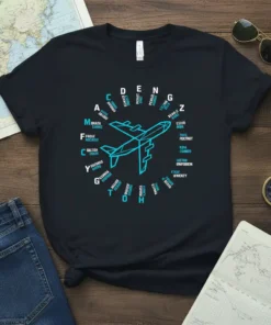 Black t-shirt with a cyan geometric airplane graphic and circular text listing aviation terms, including the phrase "CATCH YOUR DREAMS"