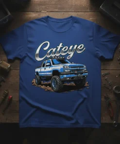 Cateye lifted truck design with bold typography on a blue t-shirt, perfect for off-roading fans