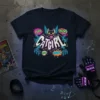 Catgirl T-Shirt with a retro comic design of a black kitty bat with neon accents and sound effect bubbles