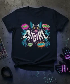 Catgirl T-Shirt with a retro comic design of a black kitty bat with neon accents and sound effect bubbles