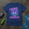 Catnip Madness t-shirt with a neon geometric cat head and "Catnip Madness" text in glowing pink and blue