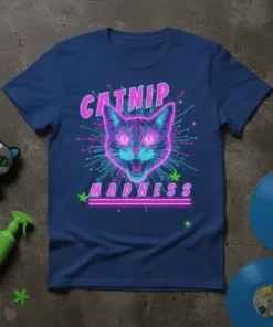 Catnip Madness t-shirt with a neon geometric cat head and "Catnip Madness" text in glowing pink and blue