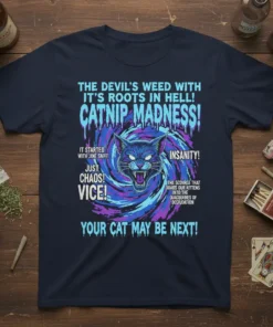 Catnip Madness T-Shirt with "The Devil's Weed with It's Roots in Hell" quote and a fierce blue and purple cat